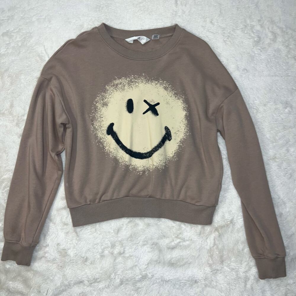 Smiley X H&M Brown Graphic Crewneck Streetwear Sweatshirt Size 12/14 Y